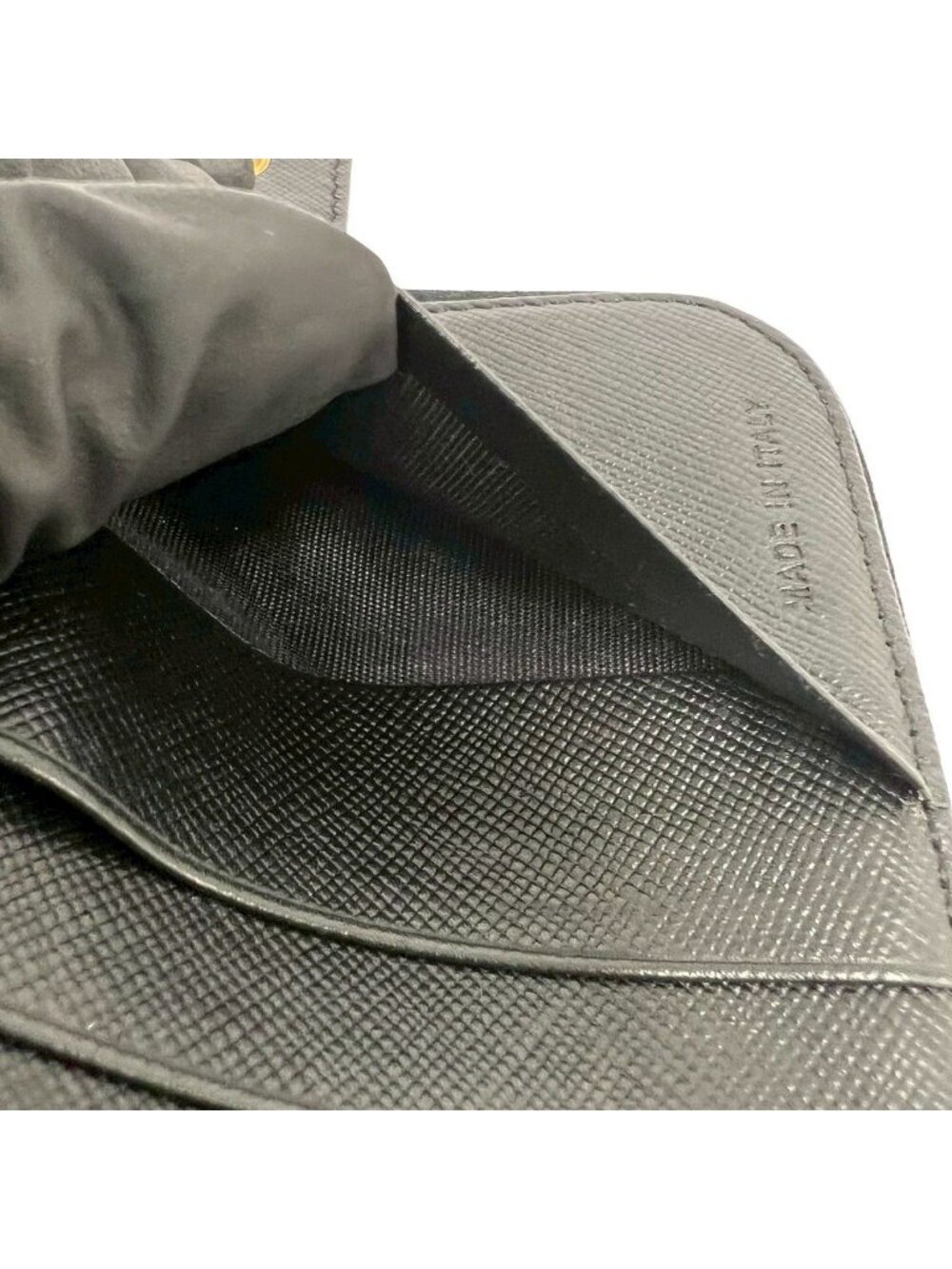 Prada Triangle Logo Tessuto Nylon Saffiano Leather Round Zip Bifold Wallet Black - Picture 9 of 10